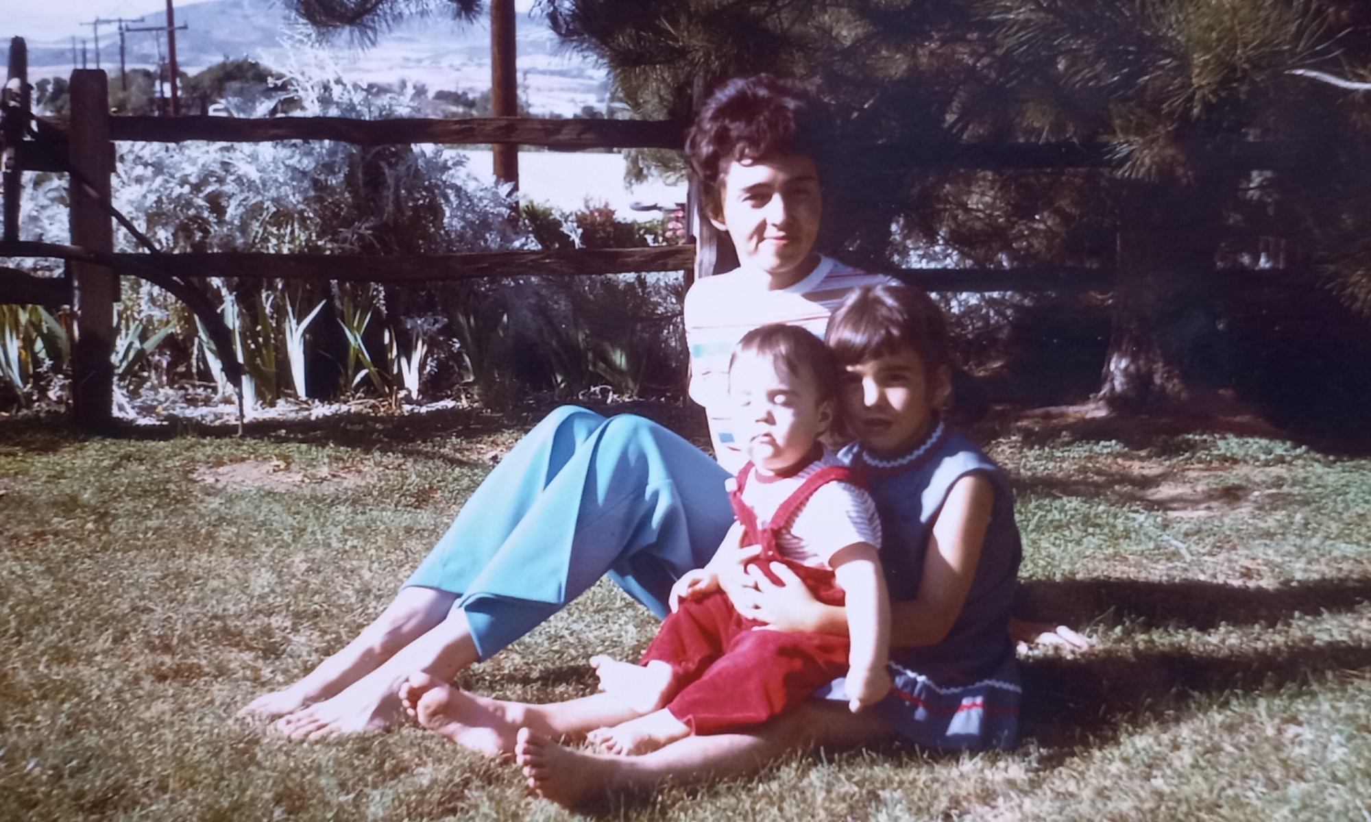 picture of woman and two children sitting on lawn